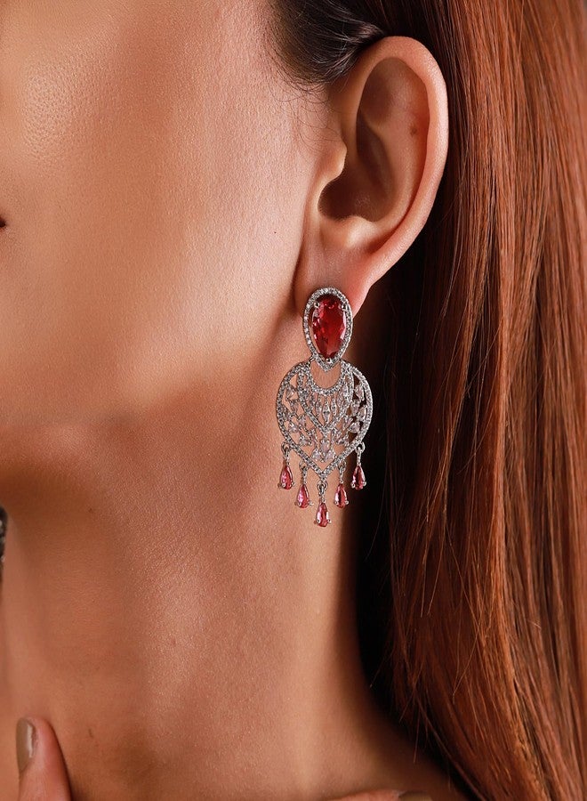Voylla Sparkling Elegance Red Velvetamerican Diamond Earrings For Women, CZ Earrings, Wedding, Western, Stylish, Valentine's Day Gift, Gift For Women & Girls - Image 3