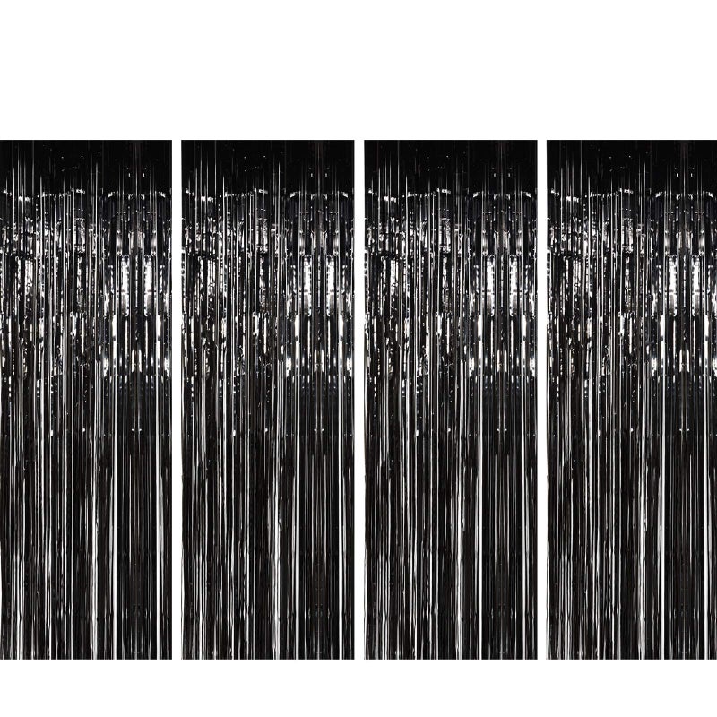 Sumind 4 Packs 3.28 x 9.84 Feet Metallic Fringe Curtains Door Foil Curtains Metallic Curtains Party Tinsel Curtains for Photo Backdrops Party Decorations (Black)