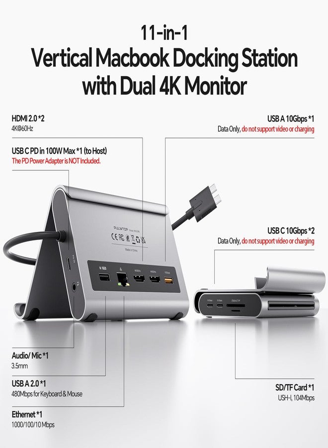 PULWTOP USB C Docking Station Dual 4K Monitor for MacBook Pro/Air, MacBook Pro Dock Stand Dual Display Laptop Docking Station with 2 HDMI,PD,Ethernet,USB A/C 10Gbps, Audio,SD/TF, USB 2.0 (Grey-1) - Image 3