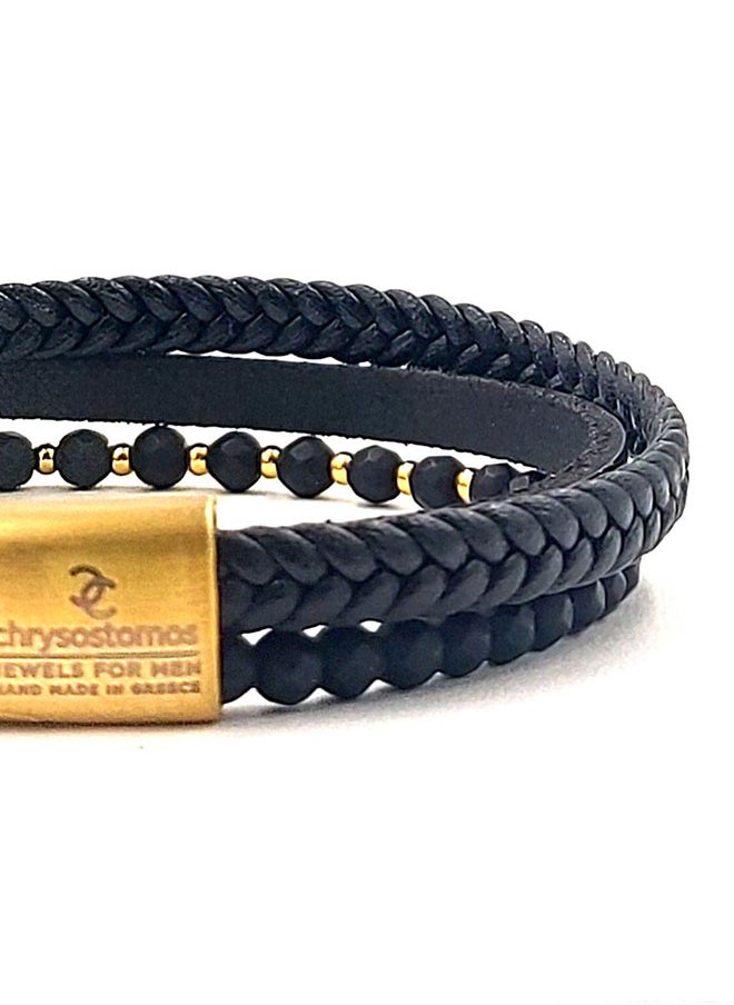 CHRYSOSTOMOS - Handmade Leather Bracelet for Men with Braided Design and Black Onyx - Image 1