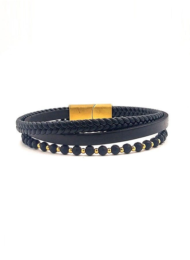 CHRYSOSTOMOS - Handmade Leather Bracelet for Men with Braided Design and Black Onyx - Image 1