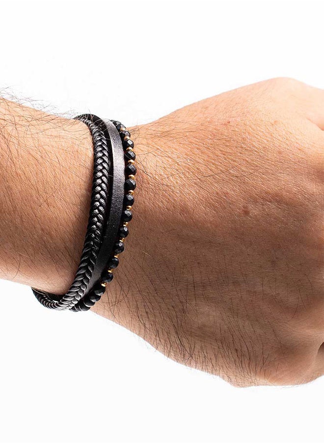 CHRYSOSTOMOS - Handmade Leather Bracelet for Men with Braided Design and Black Onyx - Image 1