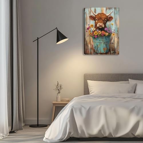 Kuiluuye Farmhouse Cute Highland Cow Wall Art Flower Cow In Bucket Pictures Poster Canvas Wall Decor Rustic Highland Cattle Painting for Bedroom Room Kitchen Living Room Bathroom 16L x 12W - Image 2