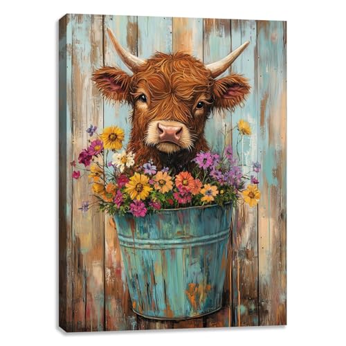 Kuiluuye Farmhouse Cute Highland Cow Wall Art Flower Cow In Bucket Pictures Poster Canvas Wall Decor Rustic Highland Cattle Painting for Bedroom Room Kitchen Living Room Bathroom 16L x 12W - Image 1
