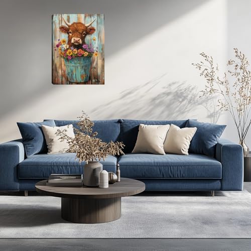 Kuiluuye Farmhouse Cute Highland Cow Wall Art Flower Cow In Bucket Pictures Poster Canvas Wall Decor Rustic Highland Cattle Painting for Bedroom Room Kitchen Living Room Bathroom 16L x 12W - Image 3