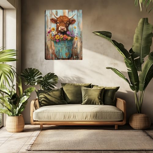 Kuiluuye Farmhouse Cute Highland Cow Wall Art Flower Cow In Bucket Pictures Poster Canvas Wall Decor Rustic Highland Cattle Painting for Bedroom Room Kitchen Living Room Bathroom 16L x 12W - Image 4