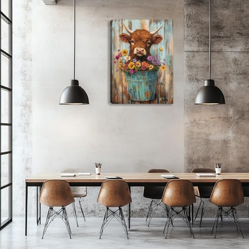 Kuiluuye Farmhouse Cute Highland Cow Wall Art Flower Cow In Bucket Pictures Poster Canvas Wall Decor Rustic Highland Cattle Painting for Bedroom Room Kitchen Living Room Bathroom 16L x 12W - Image 5