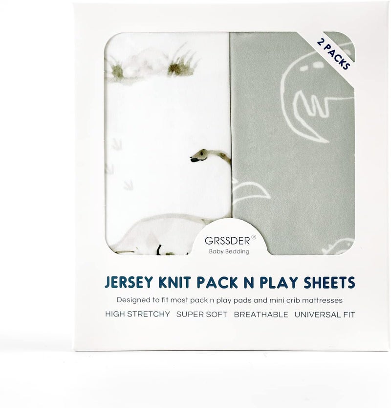 GRSSDER Pack n Play Sheets Fitted 2 Pack, Stretchy Ultra Soft Pack and Play Sheets, Universal Fitted Portable/Mini Crib Mattresses Snug and Safe, Jersey Crib Sheets for Boys, Dinosaurs - Image 4