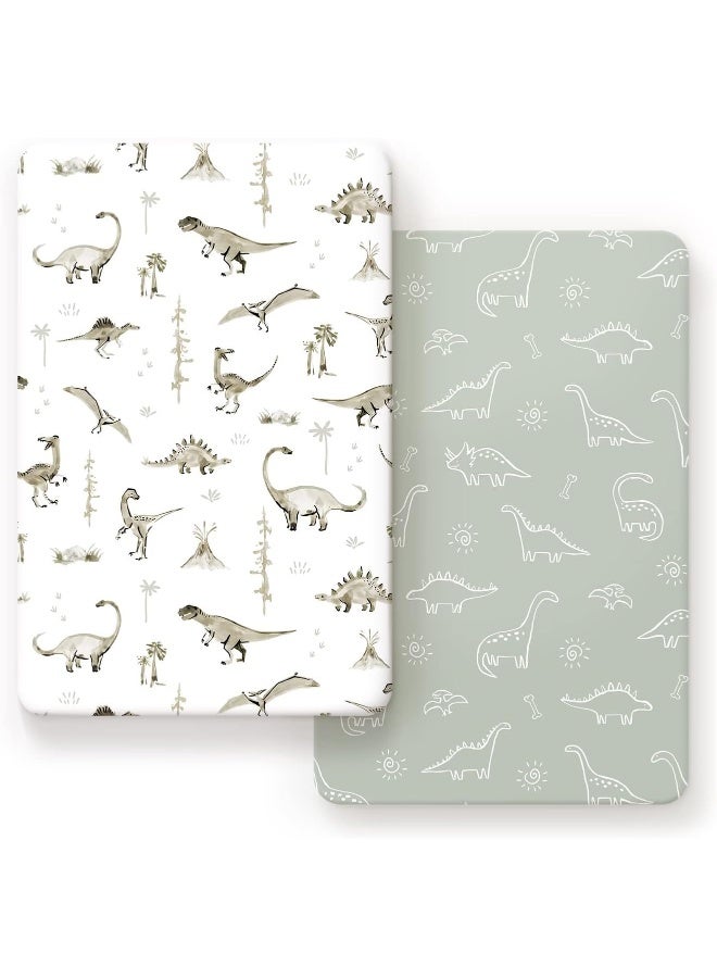 GRSSDER Pack n Play Sheets Fitted 2 Pack, Stretchy Ultra Soft Pack and Play Sheets, Universal Fitted Portable/Mini Crib Mattresses Snug and Safe, Jersey Crib Sheets for Boys, Dinosaurs - Image 1