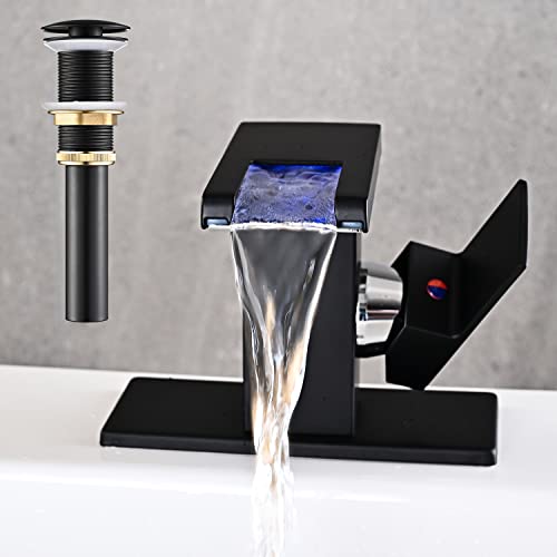 AVSIILE LED Bathroom Sink Faucet, Matte Black Waterfall Single Hole Handle Vanity Faucets for Sinks 1 Hole with Metal Pop Up Drain and 2 Water Supply Lines, Side Handle - Image 1