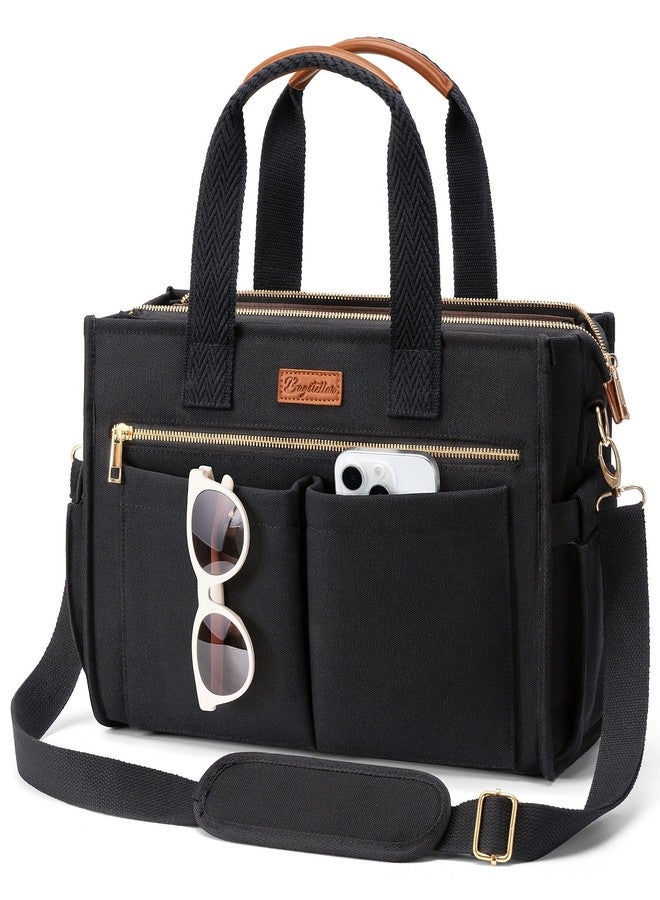 Bagstellar Canvas Tote Bag for Women, 15-Pocket Large Crossbody Handbag Bible Laptop Bag Zipper Bookbag for Teacher Work Travel College, M1.black, Medium-14inch, Fashion - Image 1