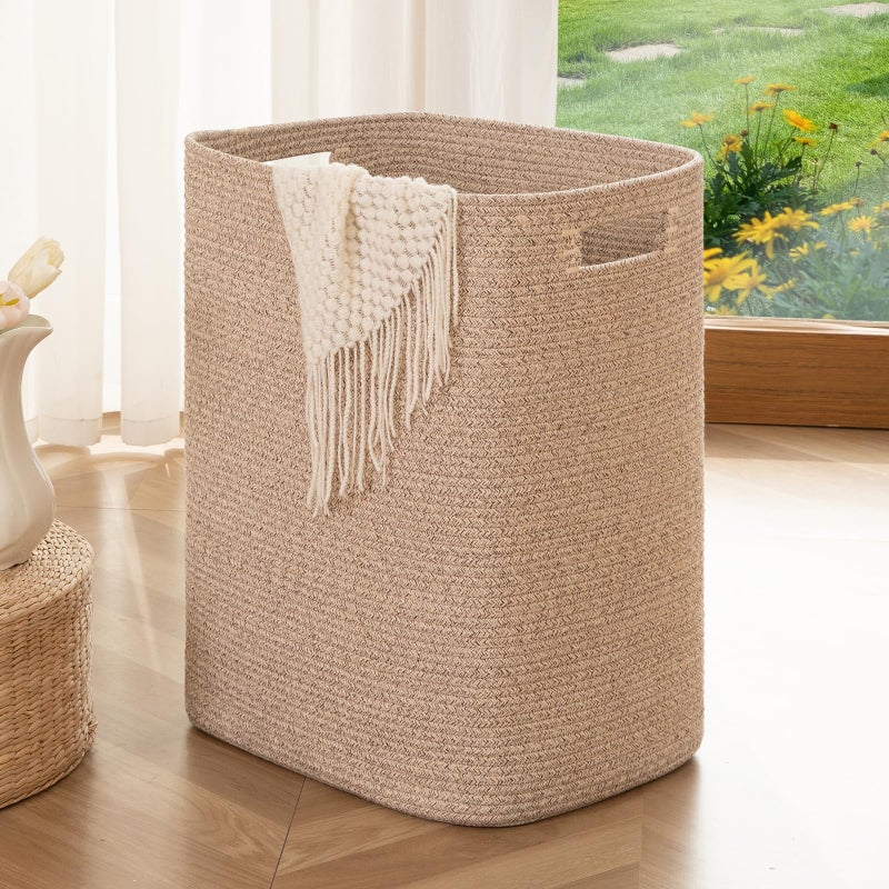 OIAHOMY Laundry Hamper Rectangle Cotton Laundry Basket with Handles Large Blanket Basket for Living room Woven Decorative Storage for ToysClothesPillows16x13x22inBrown variegated