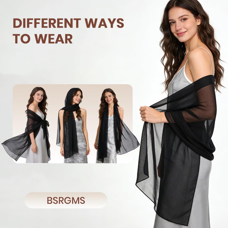 BSRGMS 2pcs Chiffon Shawls and Wraps for Evening Dresses Women Elegant Soft Silky Wraps Wedding Bridal Scarfï¼ˆBlack Champagneï¼‰ - Image 4