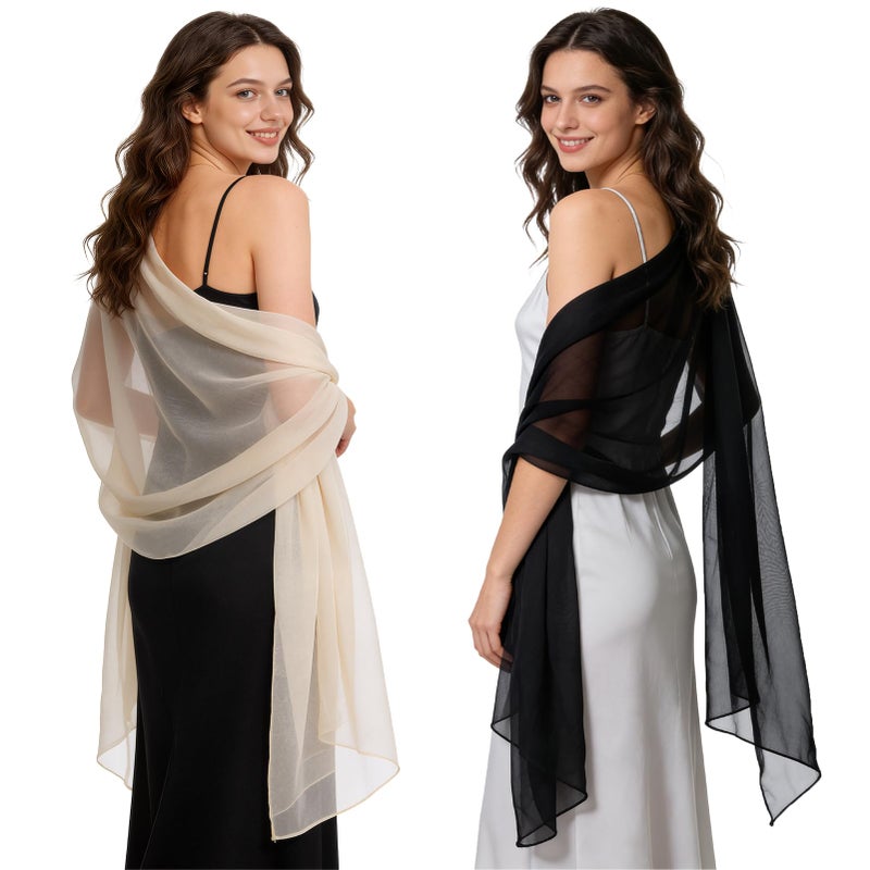 BSRGMS 2pcs Chiffon Shawls and Wraps for Evening Dresses Women Elegant Soft Silky Wraps Wedding Bridal Scarfï¼ˆBlack Champagneï¼‰ - Image 1
