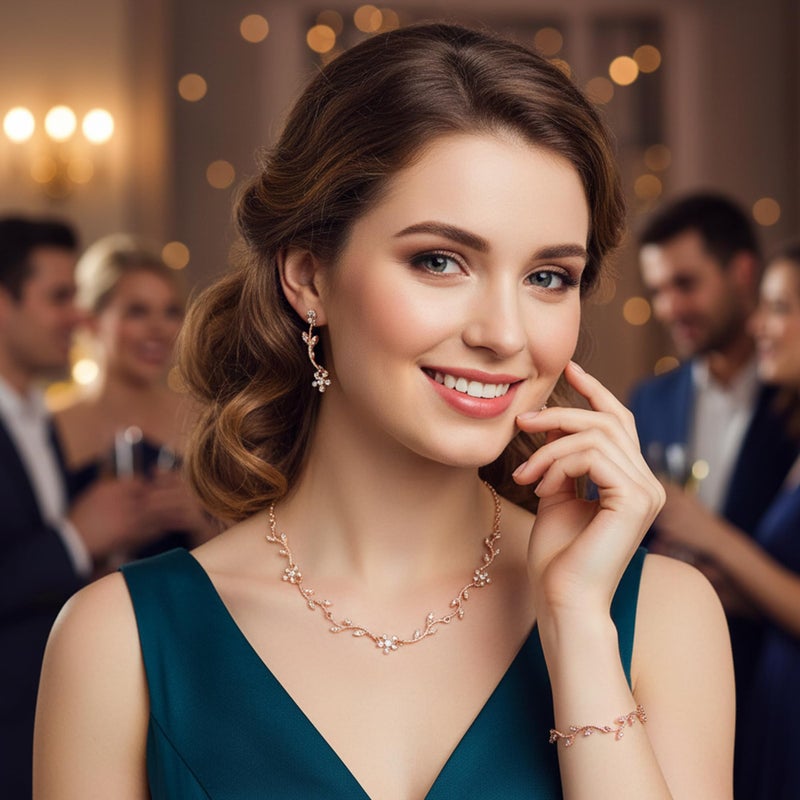 Hapibuy Crystal Necklace Earrings Bracelet Bridal Wedding Jewelry Set Rhinestone Choker Necklace For Brides Bridesmaid Rose Gold - Image 2