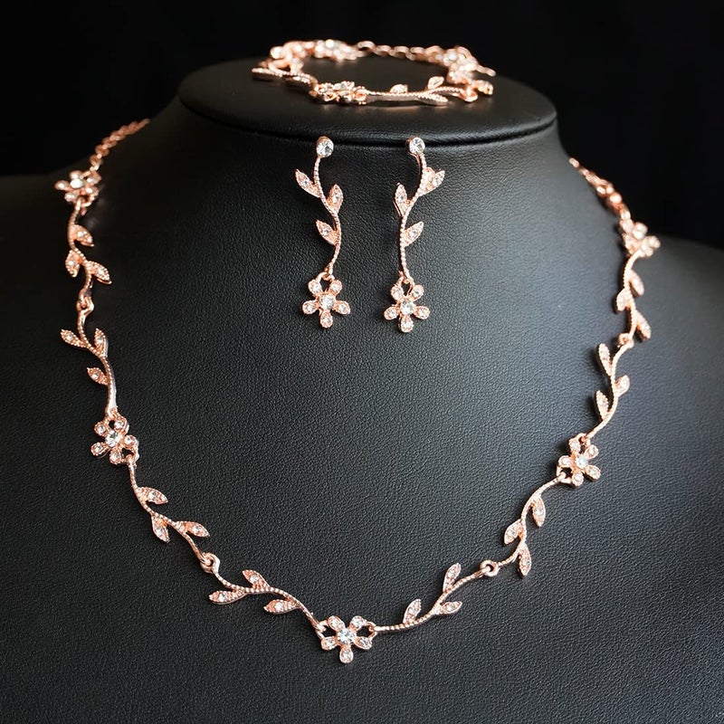 Hapibuy Crystal Necklace Earrings Bracelet Bridal Wedding Jewelry Set Rhinestone Choker Necklace For Brides Bridesmaid Rose Gold - Image 3