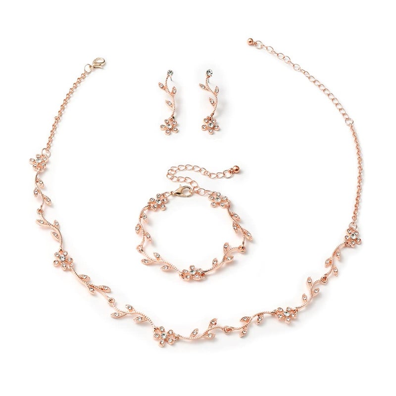 Hapibuy Crystal Necklace Earrings Bracelet Bridal Wedding Jewelry Set Rhinestone Choker Necklace For Brides Bridesmaid Rose Gold - Image 1