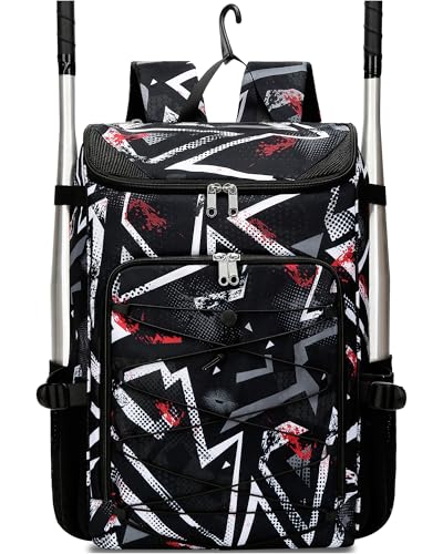 FOKDUVB Baseball Softball Equipment Bag for Boys Girls Ages 812 1012 1214 Large Kids Youth Bat Bag Backpack with Ventilated Shoe Compartment Baseball Softball Stuff Supplies Black Geometric - Image 1