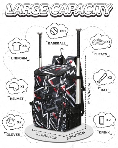 FOKDUVB Baseball Softball Equipment Bag for Boys Girls Ages 812 1012 1214 Large Kids Youth Bat Bag Backpack with Ventilated Shoe Compartment Baseball Softball Stuff Supplies Black Geometric - Image 3
