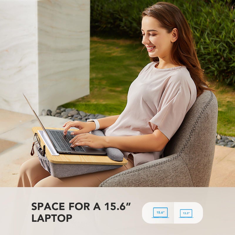 HUANUO Lap Laptop Desk - Portable Lap Desk with Pillow Cushion, Fits up to 15.6 inch Laptop, with Anti-Slip Strip & Storage Function for Home Office Students Use as Computer Stand - Light Wood - Image 2