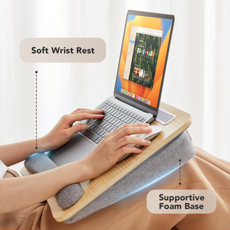 HUANUO Lap Laptop Desk - Portable Lap Desk with Pillow Cushion, Fits up to 15.6 inch Laptop, with Anti-Slip Strip & Storage Function for Home Office Students Use as Computer Stand - Light Wood - Image 3