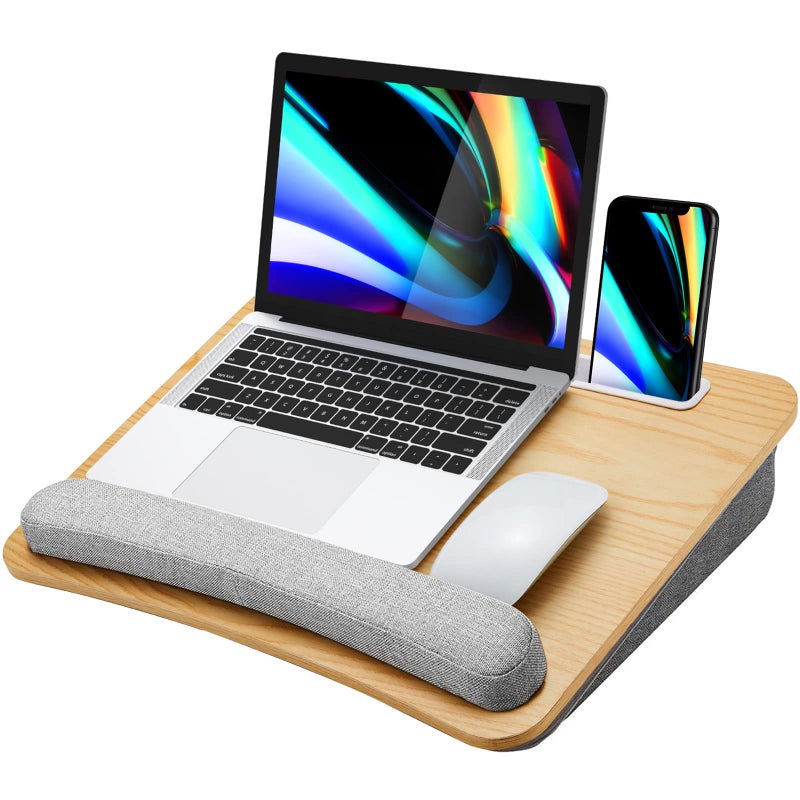 HUANUO Lap Laptop Desk - Portable Lap Desk with Pillow Cushion, Fits up to 15.6 inch Laptop, with Anti-Slip Strip & Storage Function for Home Office Students Use as Computer Stand - Light Wood - Image 1