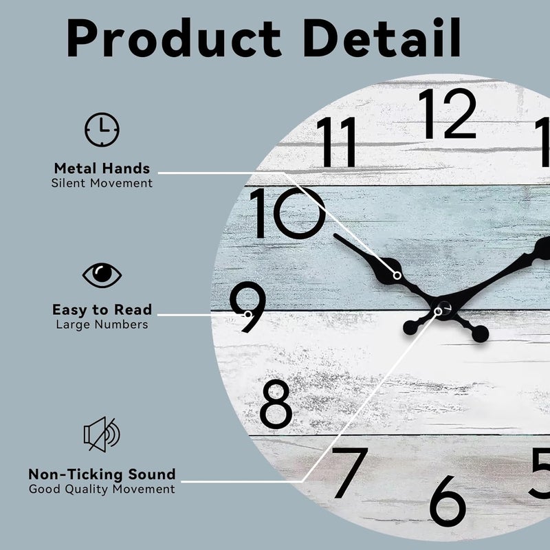 KECYET Wall Clock Silent Non-Ticking Wooden Clocks Battery Operated 12 Inch Small Country Retro Rustic and Beach Style Decorative for Living Room, Kitchen, Home,Bathroom, Bedroom (Blue) - Image 3