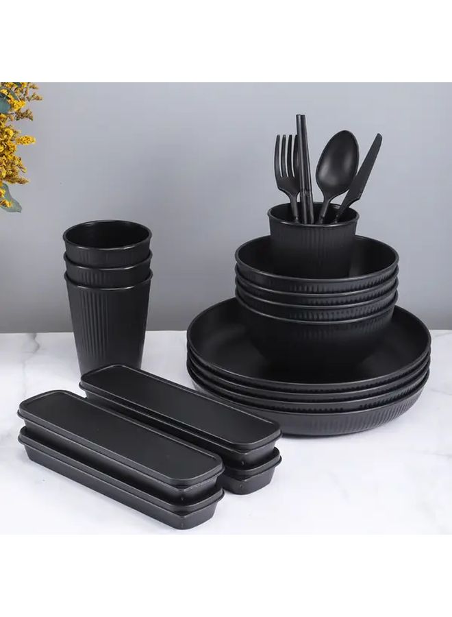 Black Wheat Straw Ribbed Bowl And Plate Set With Cutlery For Family - Image 1