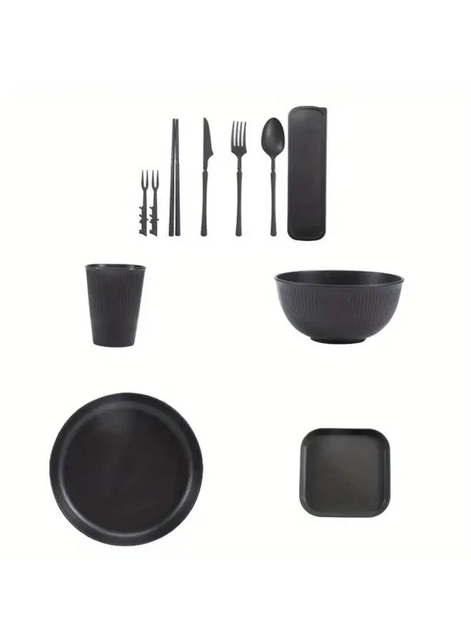 Black Wheat Straw Ribbed Bowl And Plate Set With Cutlery For Family - Image 3