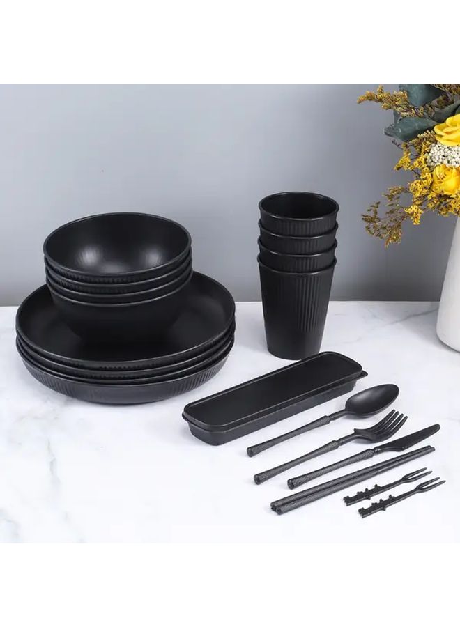 Black Wheat Straw Ribbed Bowl And Plate Set With Cutlery For Family - Image 2