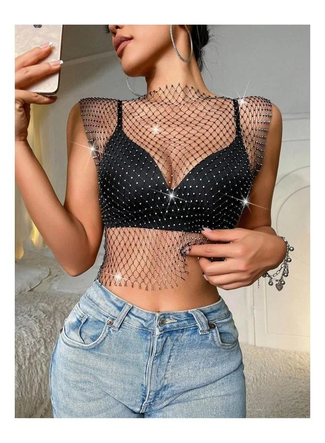فييل بلوزة جسم شبكية مرصعة بحجارة، بلوزة قصير للنساء مع سلاسل متلألئة، مزيج احتفال وحفل، بلوزة بسلسلة للجسم.