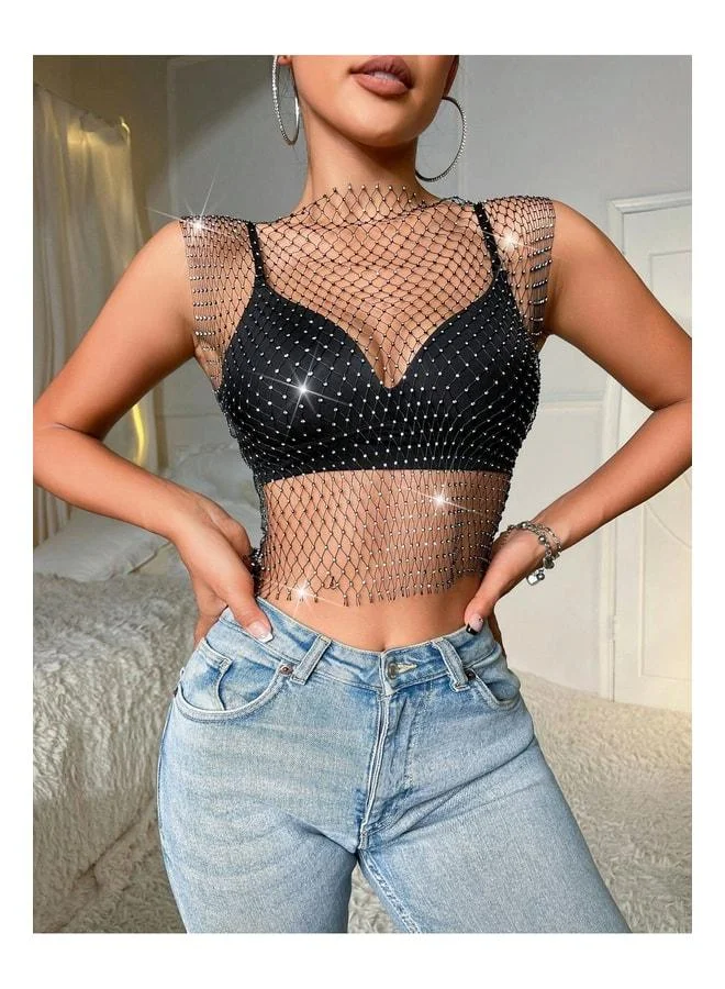 فييل بلوزة جسم شبكية مرصعة بحجارة، بلوزة قصير للنساء مع سلاسل متلألئة، مزيج احتفال وحفل، بلوزة بسلسلة للجسم.