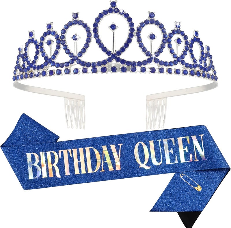 Birthday Queen Sash  Crystal Crown Kit CIEHER Birthday Crown and Sash Birthday Crowns for Women Birthday Sash Women Girls Crown Birthday Tiara Birthday Decorations Rhinestones Headband Hair Accessories Glitter Sash for Party  Blue