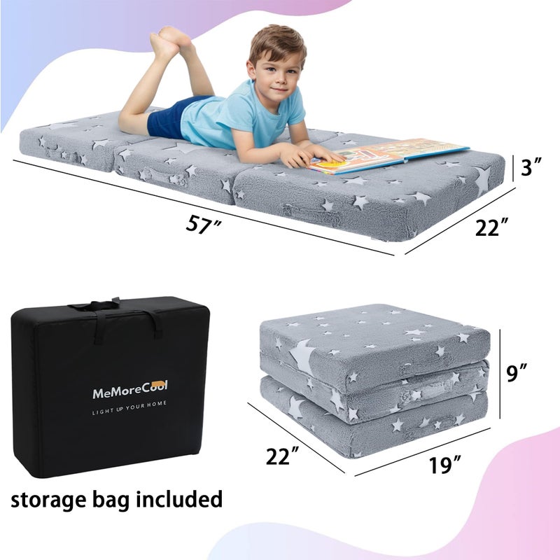 MeMoreCool Foldable Floor Mattress for Kids, Glow Star Trifold Mat, Kids Folding Mattress Portable Futon, 57x22 Inch Grey - Image 5
