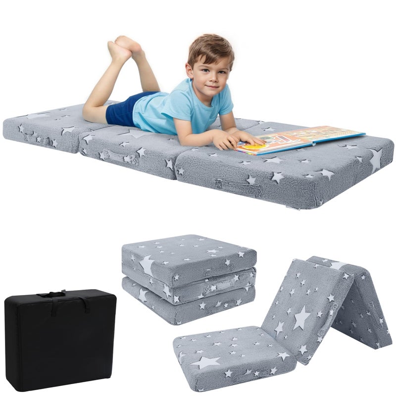 MeMoreCool Foldable Floor Mattress for Kids, Glow Star Trifold Mat, Kids Folding Mattress Portable Futon, 57x22 Inch Grey - Image 1