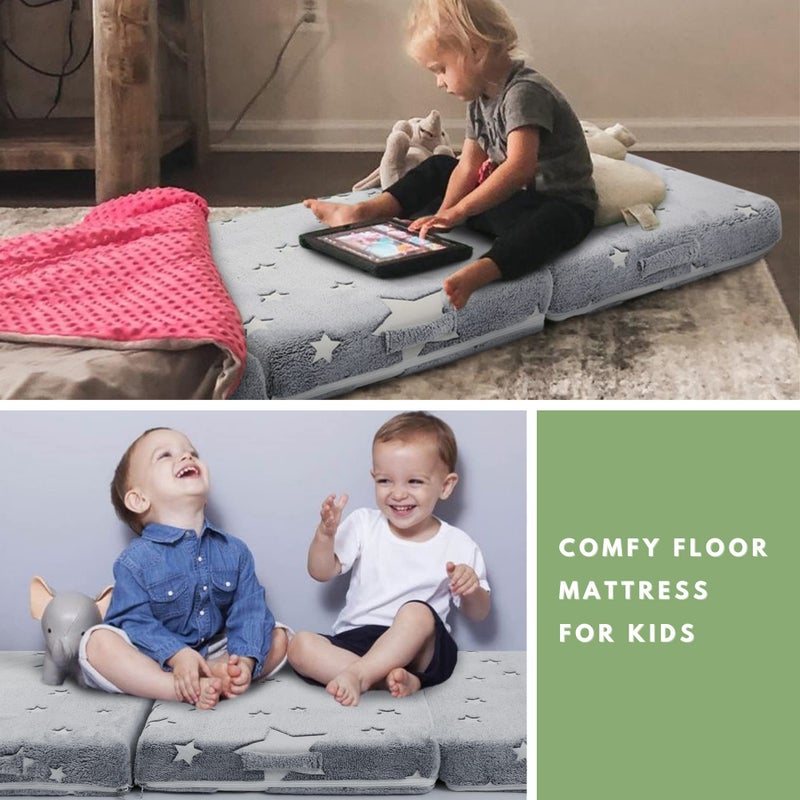 MeMoreCool Foldable Floor Mattress for Kids, Glow Star Trifold Mat, Kids Folding Mattress Portable Futon, 57x22 Inch Grey - Image 4