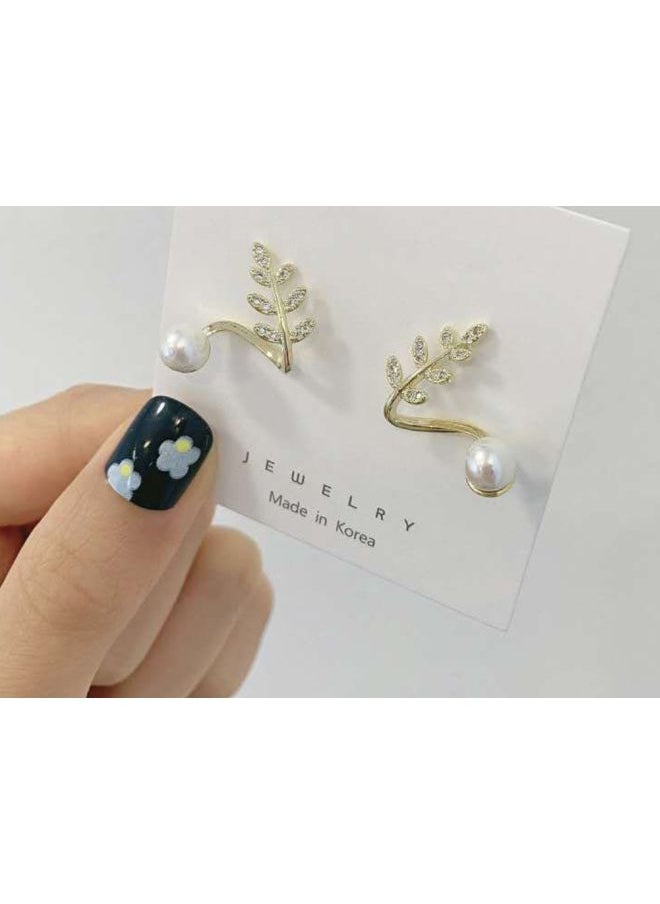NIBEMINENT - Stone Studded Leaf Design Stud Earrings - Image 1