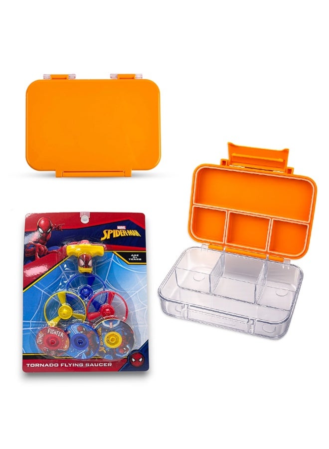 COCOBEE Tritan Bento Lunch Box – 4 Compartments, Leakproof, BPA-Free, 585ml – Orange (3 Years+) + Marvel Spider-Man Tornado Flying Saucer Toy - Image 1