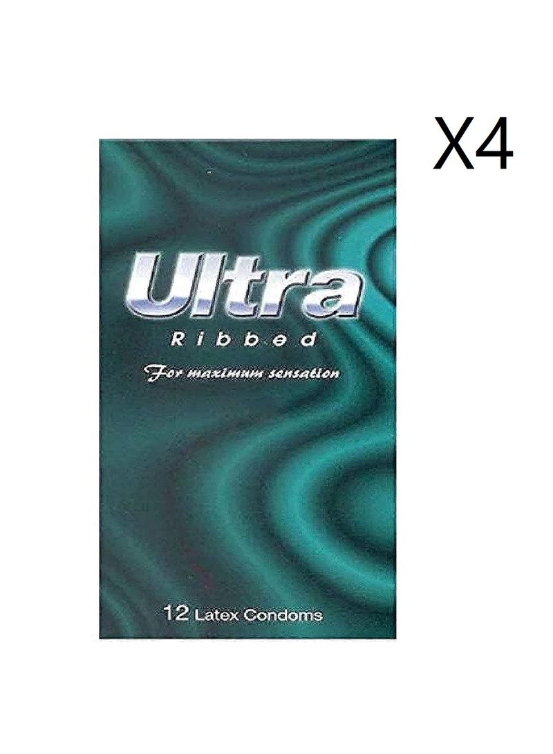Ultra Ribbed Condoms With External Ridges, 12 Pieces, 4 Pack