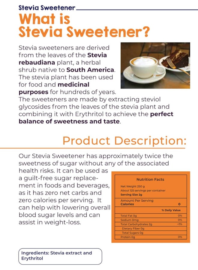 Livsmart Stevia Sweetener, Zero Calorie Natural Sugar Substitute, Keto Friendly (250g) - Image 4