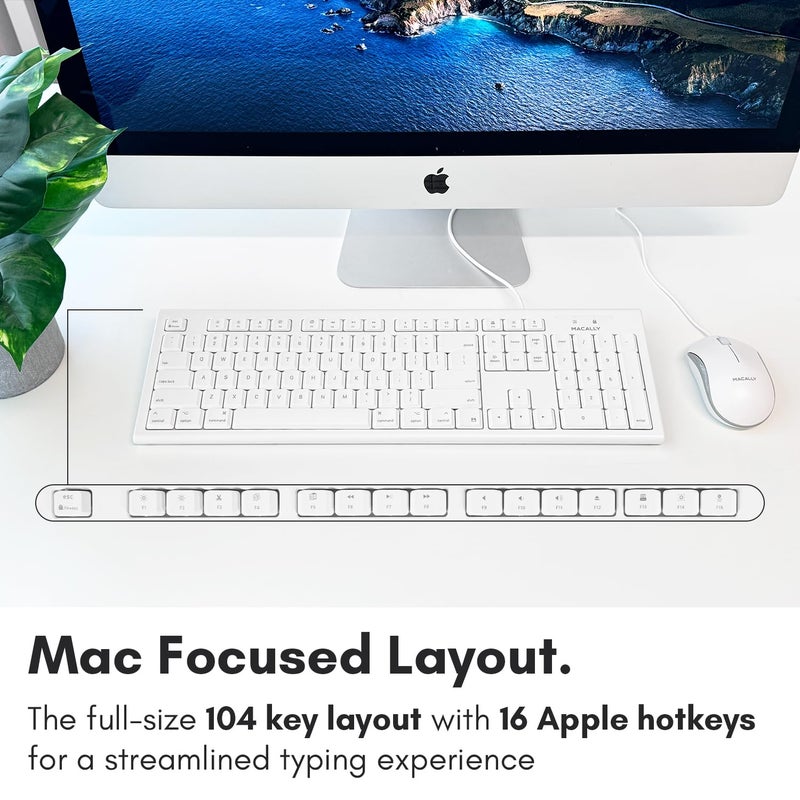 Macally Full Size USB Wired Mac Keyboard and Mouse Combo - Compatible Ergonomic Apple Keyboard and Mouse with Shortcuts and Number Keypad for Mac mini Pro, iMac Computer, MacBook Pro Air Laptops - Image 4