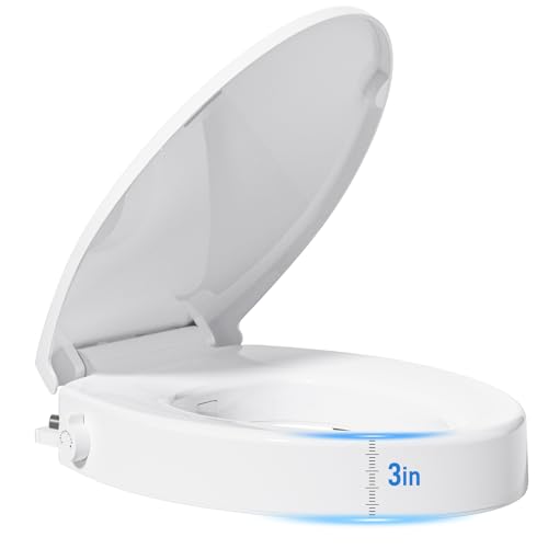 BIGCOW Raised Toilet Seat with Bidet - Elongated, Soft Close, 3" Height - Dual Nozzle (Frontal & Rear Wash) with Adjustable Cold Water Pressure and Stainless Steel Inlet (Elongated) - Image 1