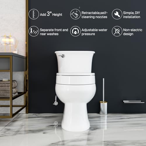 BIGCOW Raised Toilet Seat with Bidet - Elongated, Soft Close, 3" Height - Dual Nozzle (Frontal & Rear Wash) with Adjustable Cold Water Pressure and Stainless Steel Inlet (Elongated) - Image 2