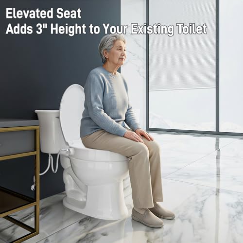 BIGCOW Raised Toilet Seat with Bidet - Elongated, Soft Close, 3" Height - Dual Nozzle (Frontal & Rear Wash) with Adjustable Cold Water Pressure and Stainless Steel Inlet (Elongated) - Image 3