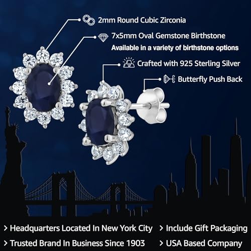 Gem Stone King 7X5MM Oval Gemstone Birthstone Stud Earrings For Women | Princess Diana Royal Halo Style | 925 Sterling Silver | Fine Jewelry Gifts for Anniversary Wedding Her Mom Women Wife - Image 2