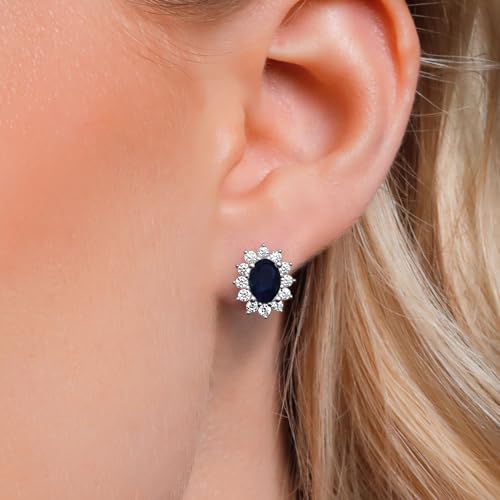 Gem Stone King 7X5MM Oval Gemstone Birthstone Stud Earrings For Women | Princess Diana Royal Halo Style | 925 Sterling Silver | Fine Jewelry Gifts for Anniversary Wedding Her Mom Women Wife - Image 3