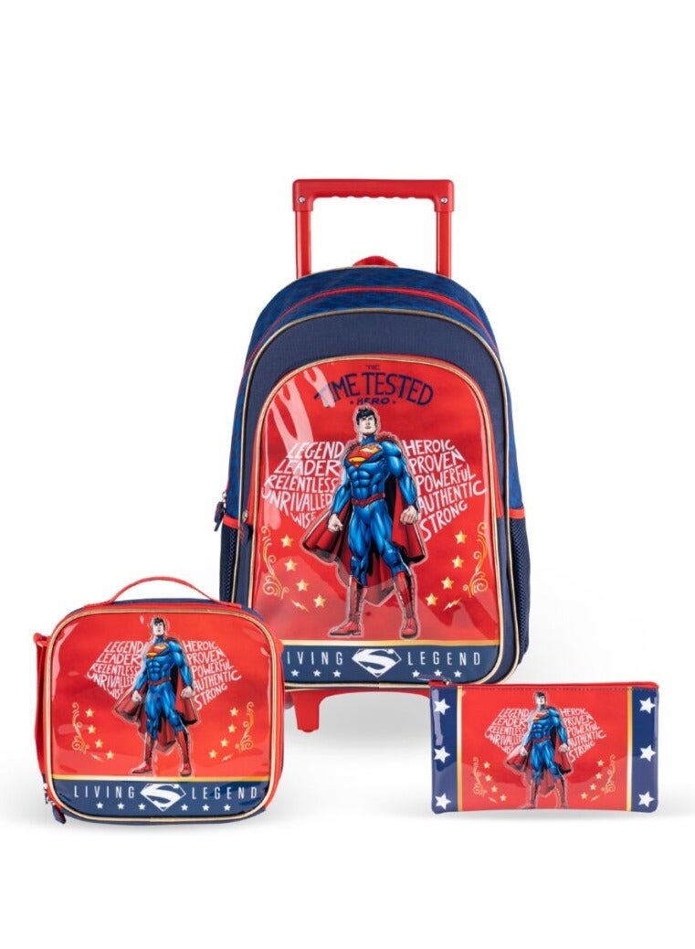 Warner Bros. Warner Bros' Superman Time Tested Hero 3 in 1 3D Cartoon Backpack Large Capacity Trolley School Bag With Lunch Bag & Pencil Bag Water Resistant, Perfect for Kids Ages 3-8 - Image 1