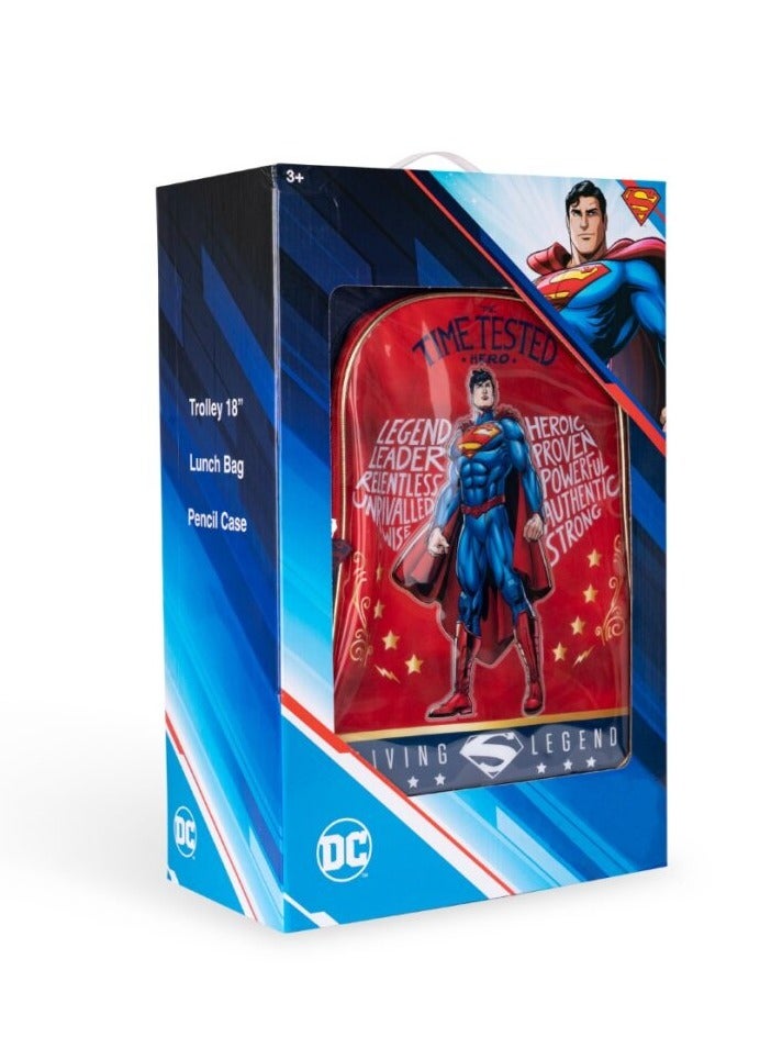 Warner Bros. Warner Bros' Superman Time Tested Hero 3 in 1 3D Cartoon Backpack Large Capacity Trolley School Bag With Lunch Bag & Pencil Bag Water Resistant, Perfect for Kids Ages 3-8 - Image 2