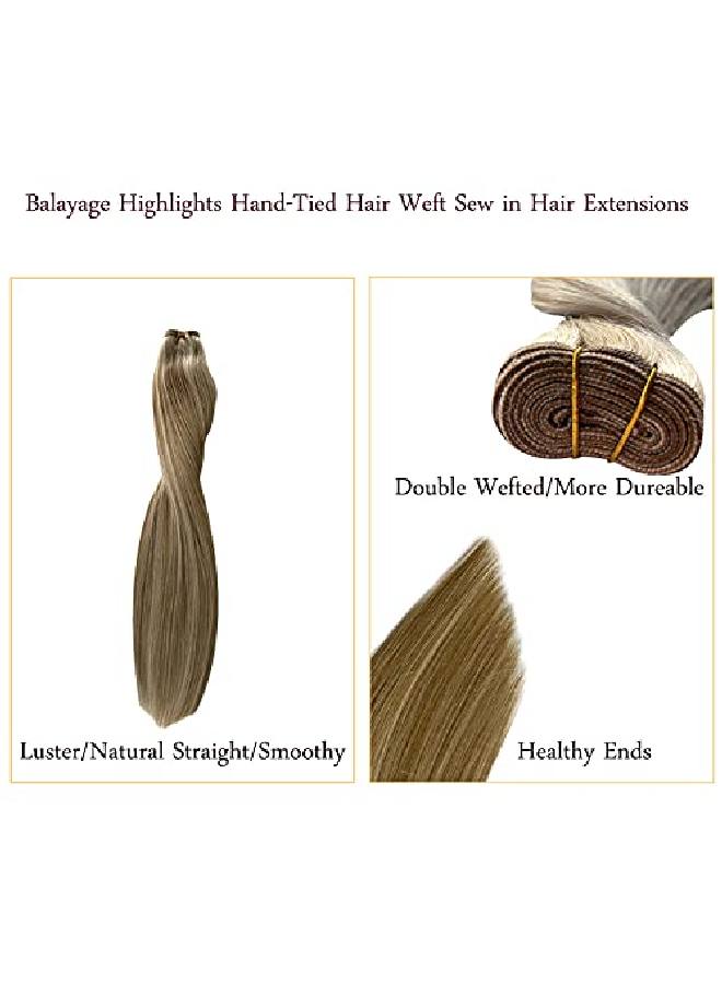 Ubetta خصل شعر بشري مستقيم للتثبيت بالخياطة من شعر برازيلي للنساء، بني رمادي مع خصل بلاتيني، شعر ريمي مزدوج الخيوط، 80 جرام/طقم، 14 بوصة للنساء - Image 5