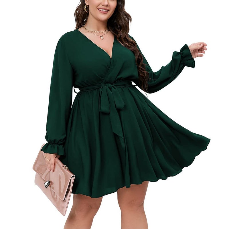 SCOMCHIC Women's Plus Size Long Sleeve Wrap V Neck Tie Waist A Line Mini Dress Emerald Green - Image 1